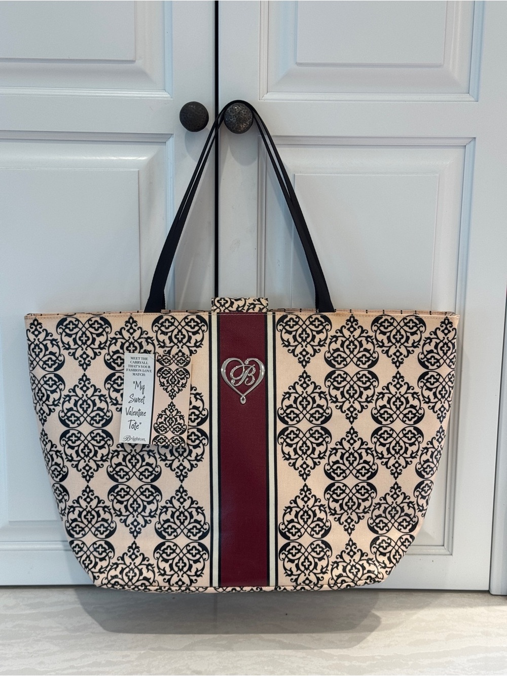 Brighton My Sweet Valentine Tote Pink and Black Patterned with Burgundy Strip